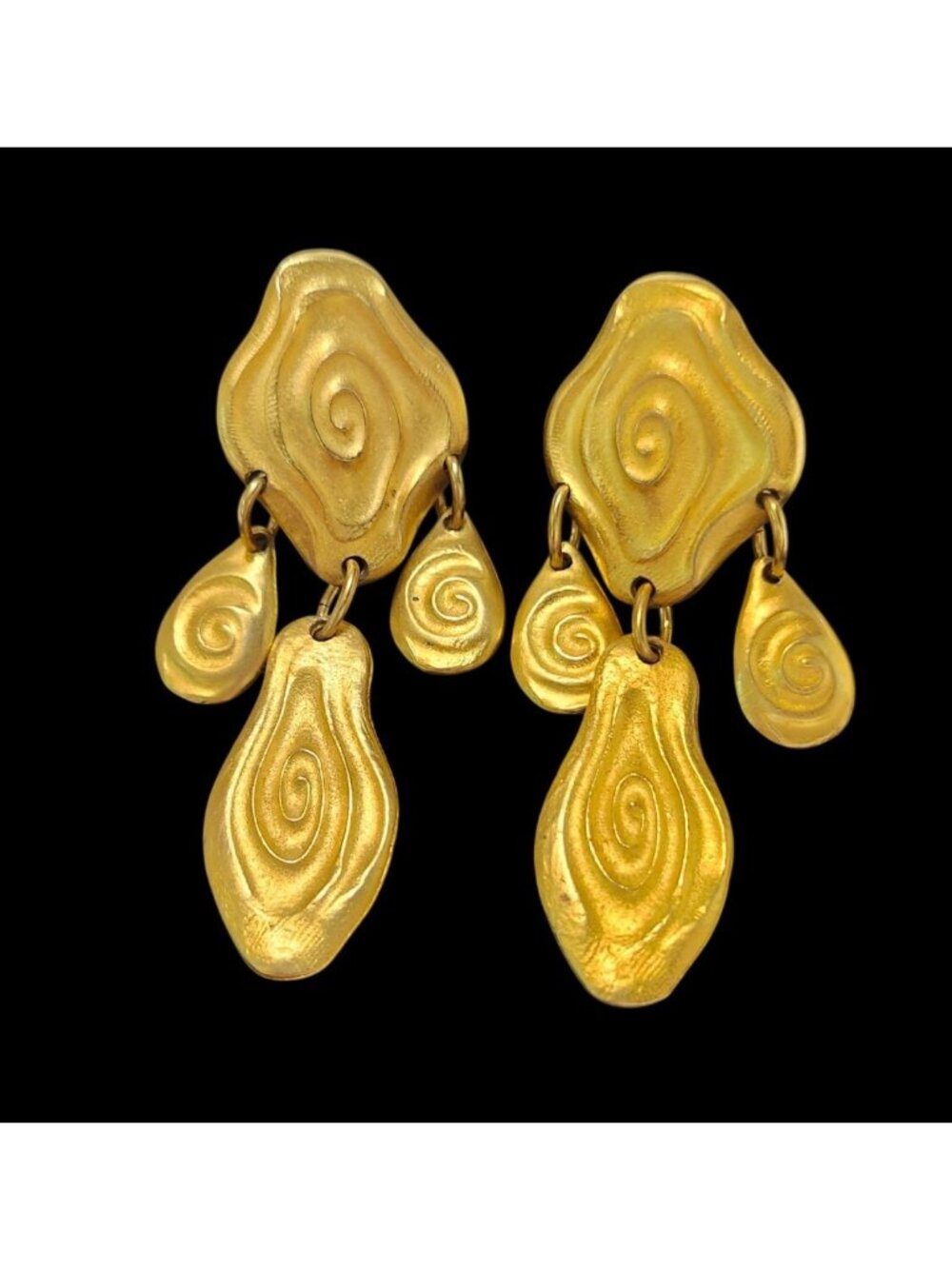 Heavy Brushed Gold Tone Dangle Earrings Swirl Pattern - 1980s Runway Style Bold